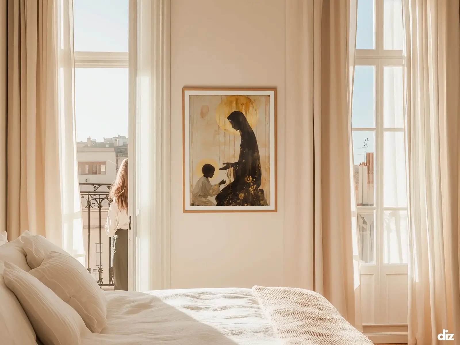 Sacred Heart of Jesus framed above sofa, living room display blending peace and devotion, bible wall art catholic wall art