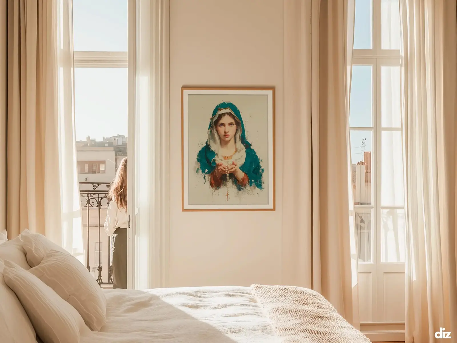 Sacred Heart of Jesus framed above sofa, living room display blending peace and devotion, bible wall art catholic wall art