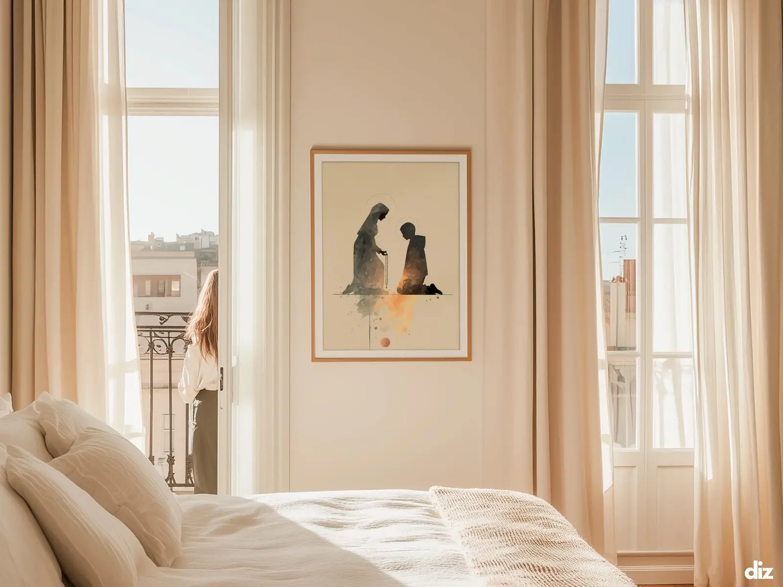 Sacred Heart of Jesus framed above sofa, living room display blending peace and devotion, bible wall art catholic wall art