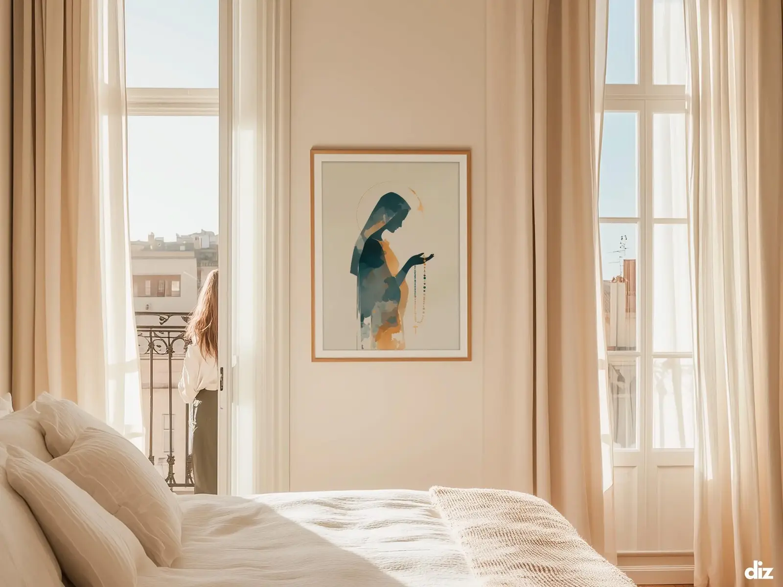 Sacred Heart of Jesus framed above sofa, living room display blending peace and devotion, bible wall art catholic wall art