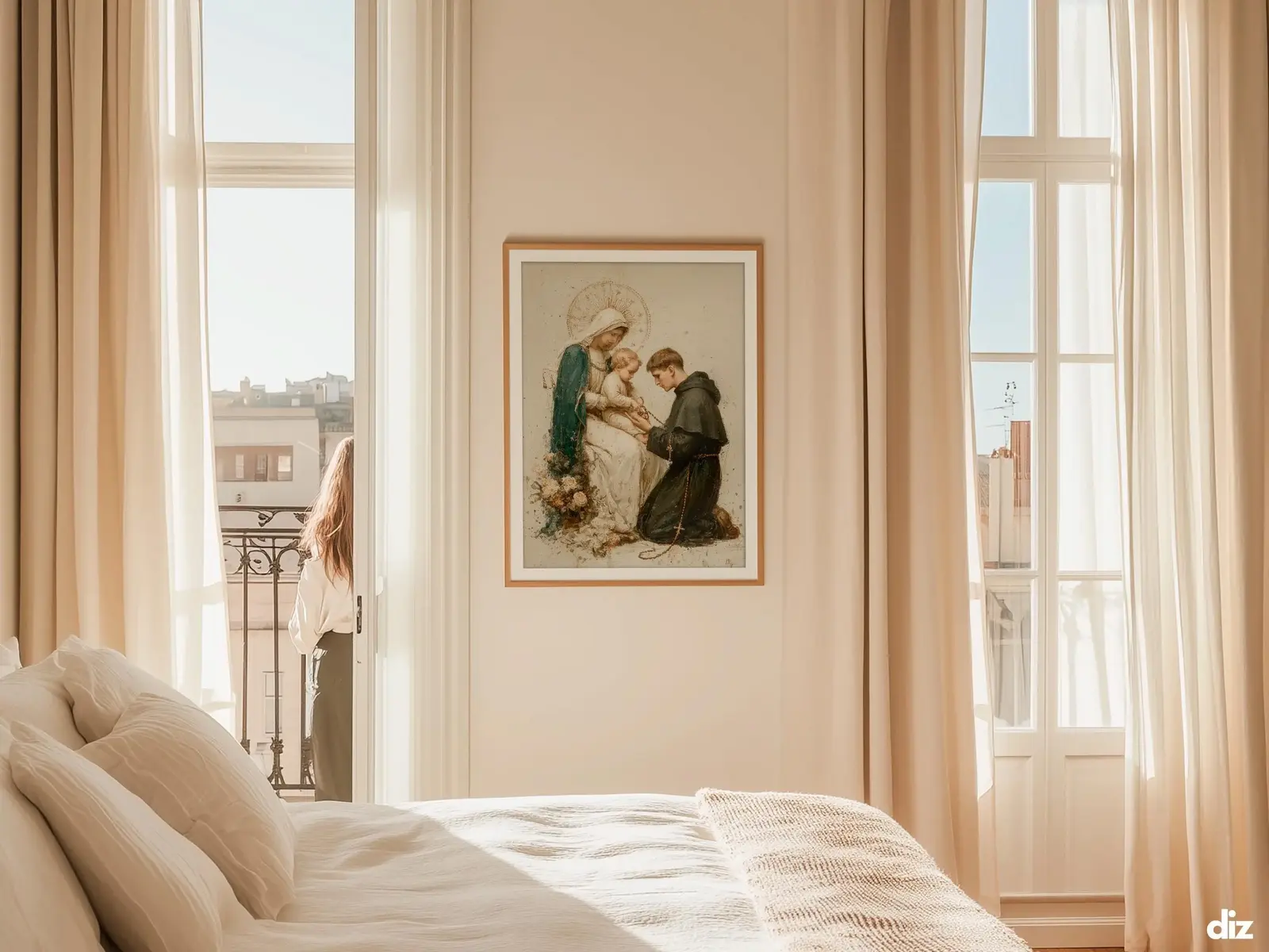 Sacred Heart of Jesus framed above sofa, living room display blending peace and devotion, bible wall art catholic wall art