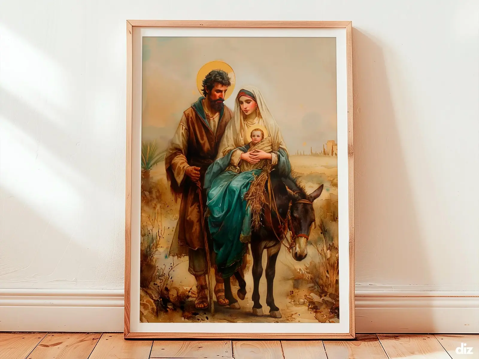 Framed Flight into Egypt showing Mary and Joseph side-on procession, devotional christian wall art evoking hope