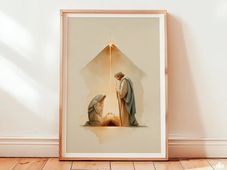 Framed minimalist nativity scene of Mary and Joseph adoring the radiant Child, religious art for calm spaces