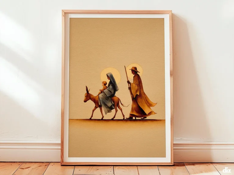 Framed minimalist Flight into Egypt print showing Mary and Joseph side-on, devotional Christian Wall Art for Church Decor