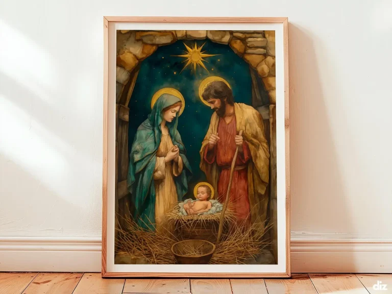 Framed Mary and Joseph watercolor print showing Holy Family at manger, devout Christian Wall Art and Catholic Wall Art