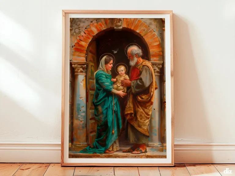 Framed Mary and Joseph watercolor print showing the Holy Family presenting the Infant, devotional Christian Wall Art Mary And Joseph