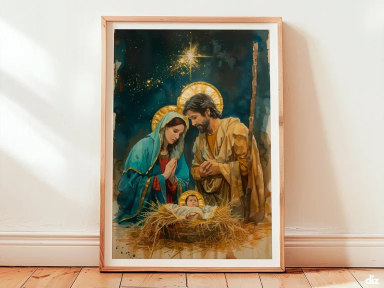 Framed Mary and Joseph watercolor print showing the Holy Family under a gilded Star of Bethlehem, religious art