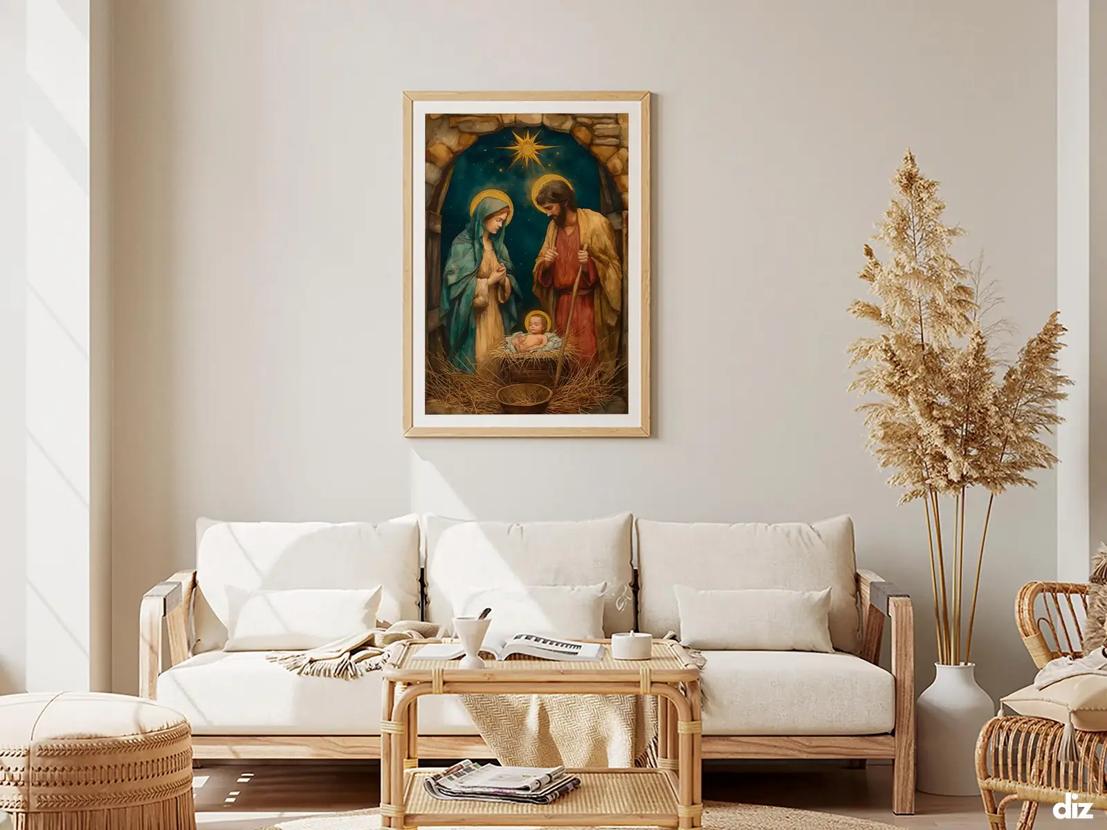 Framed Sacred Heart of Jesus above bed, bedroom sanctuary offering mercy and trust, jesus wall art artwork of jesus