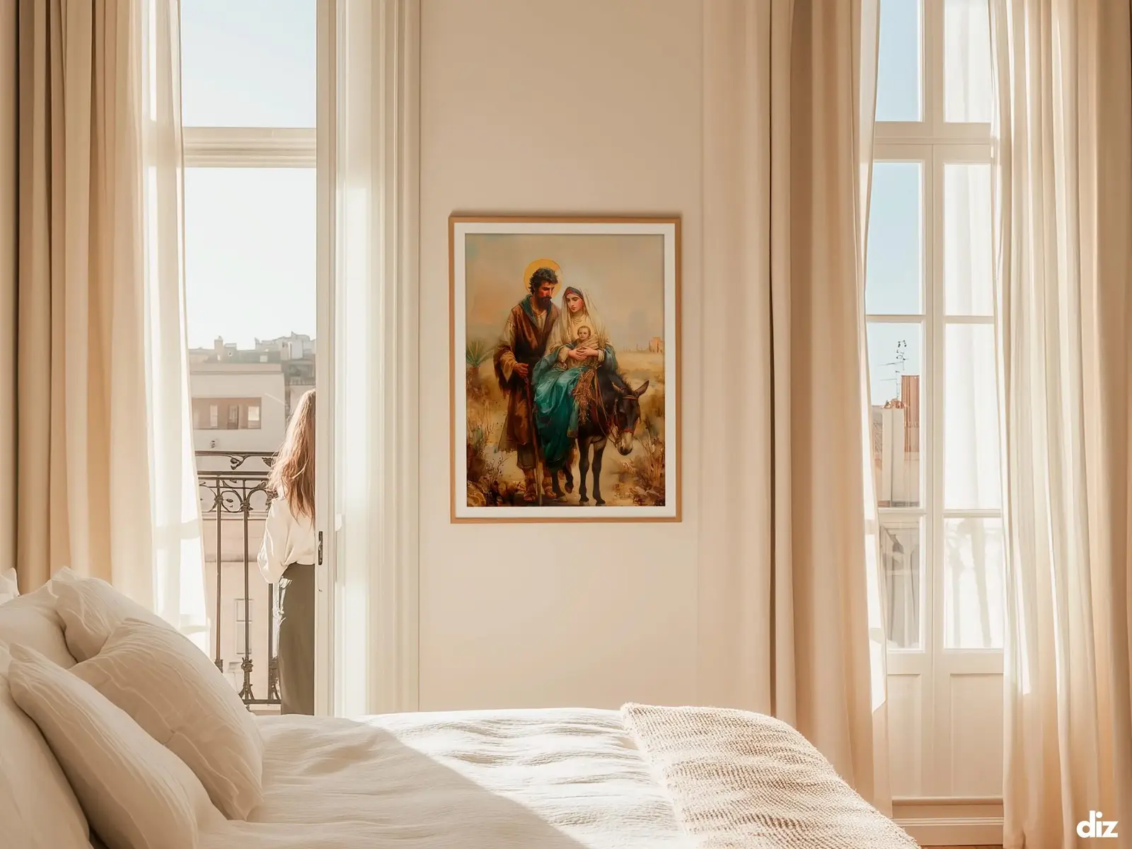 Sacred Heart of Jesus framed above sofa, living room display blending peace and devotion, bible wall art catholic wall art