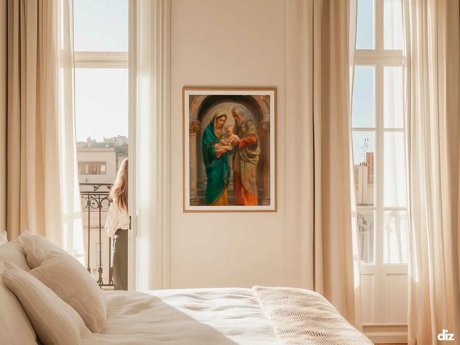 Sacred Heart of Jesus framed above sofa, living room display blending peace and devotion, bible wall art catholic wall art