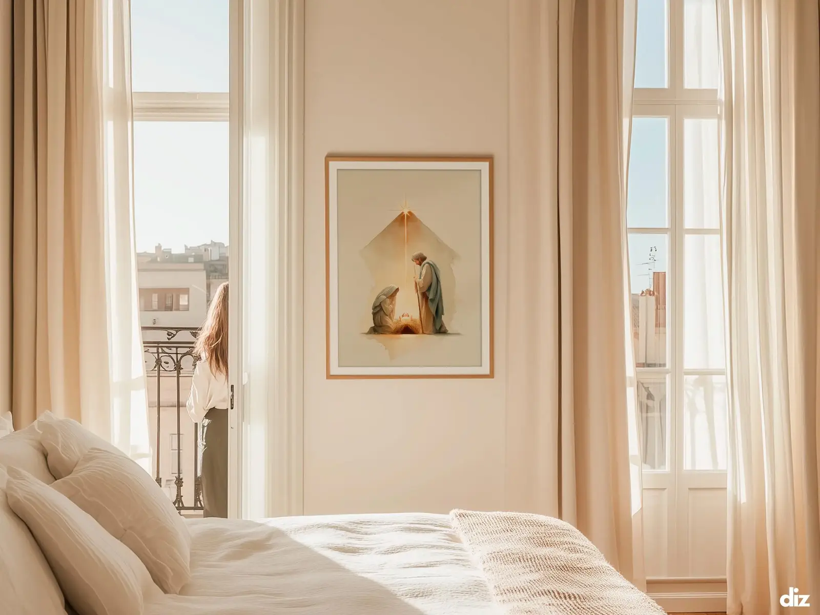 Sacred Heart of Jesus framed above sofa, living room display blending peace and devotion, bible wall art catholic wall art