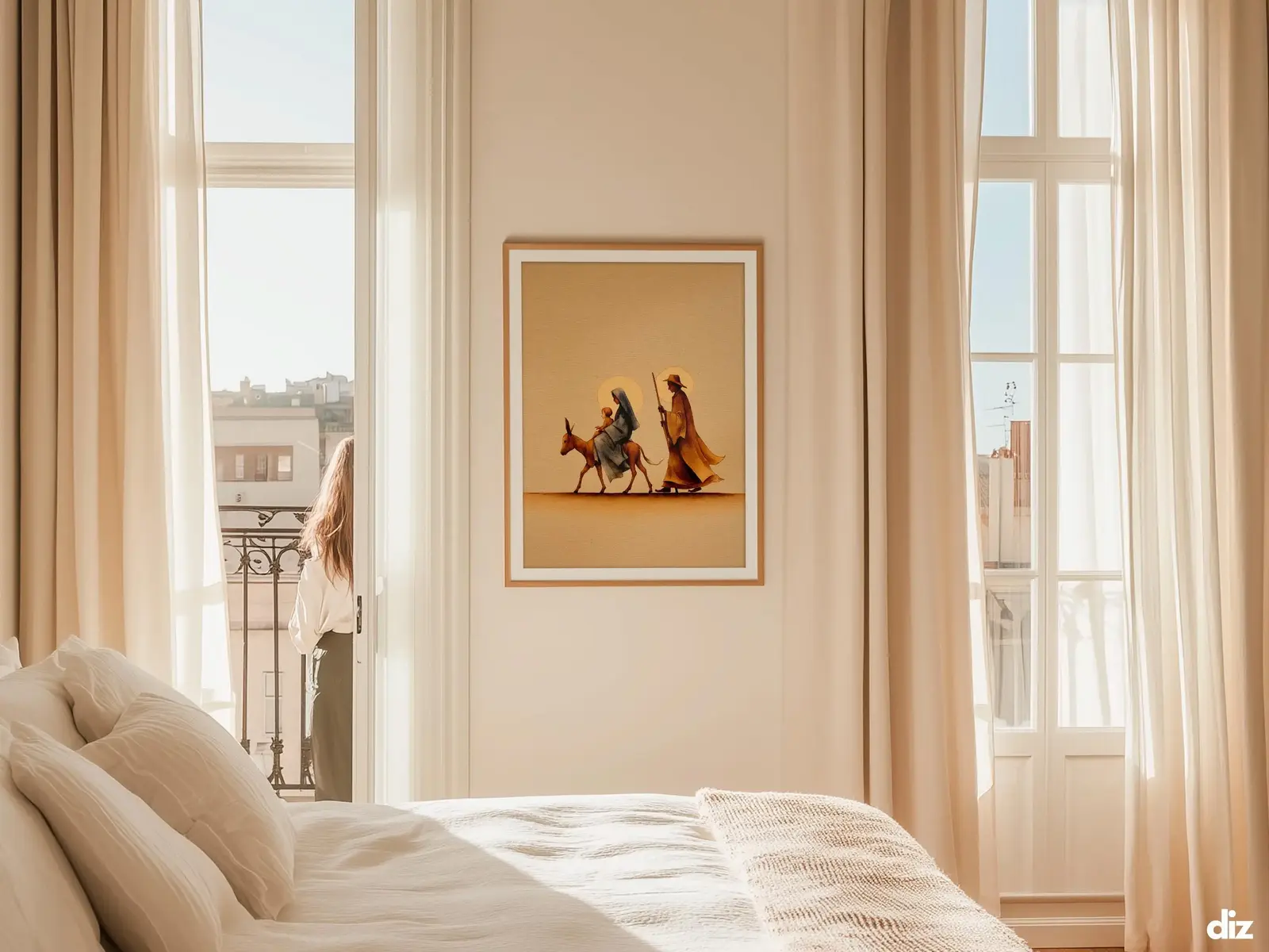 Sacred Heart of Jesus framed above sofa, living room display blending peace and devotion, bible wall art catholic wall art