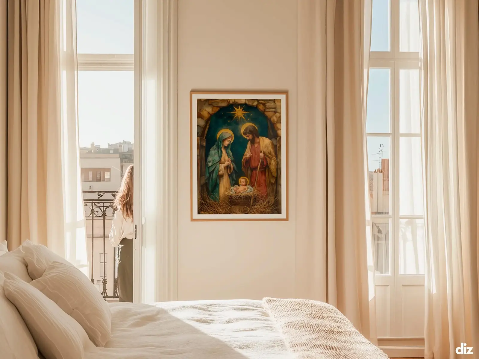 Sacred Heart of Jesus framed above sofa, living room display blending peace and devotion, bible wall art catholic wall art