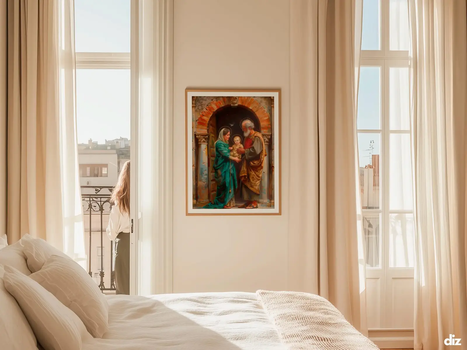 Sacred Heart of Jesus framed above sofa, living room display blending peace and devotion, bible wall art catholic wall art