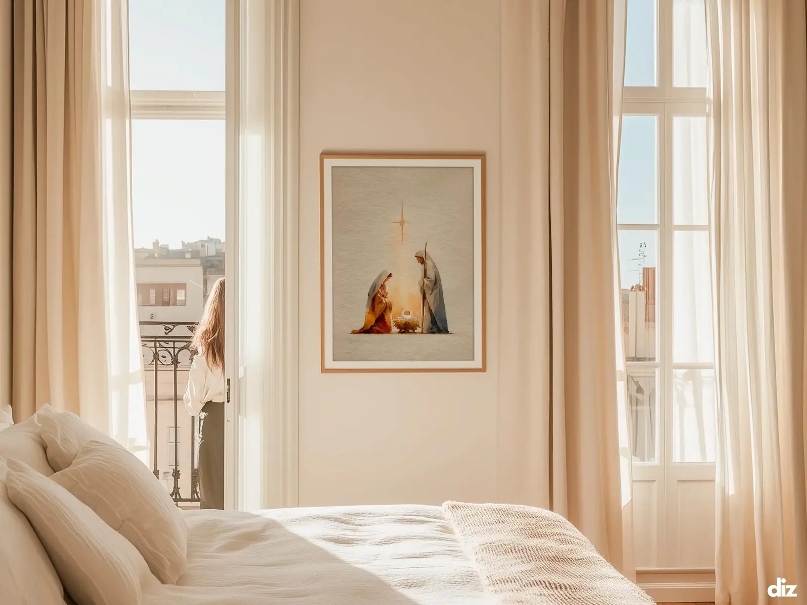 Sacred Heart of Jesus framed above sofa, living room display blending peace and devotion, bible wall art catholic wall art