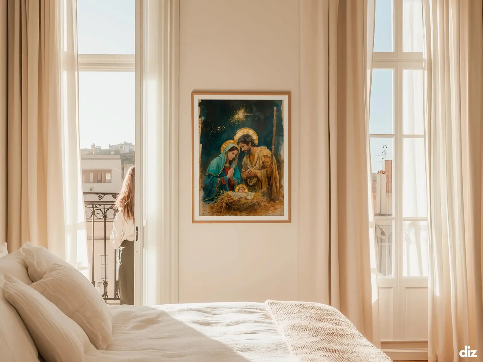 Sacred Heart of Jesus framed above sofa, living room display blending peace and devotion, bible wall art catholic wall art