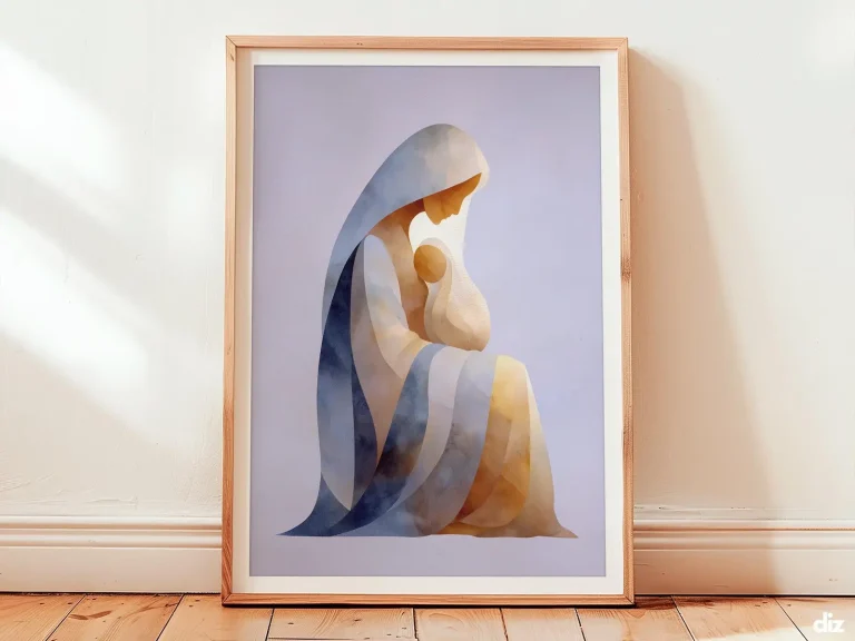 Mary, Mother of God Art Print: Serene Profile With Sleeping Child, Modern Christian Decor (Digital Download)