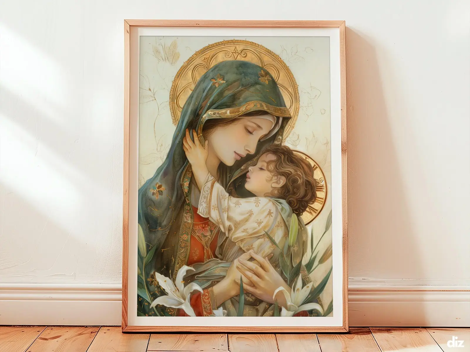 Mary Mother of God Art Print: Child Blessing and Lily, Catholic Wall Art (Digital Download)