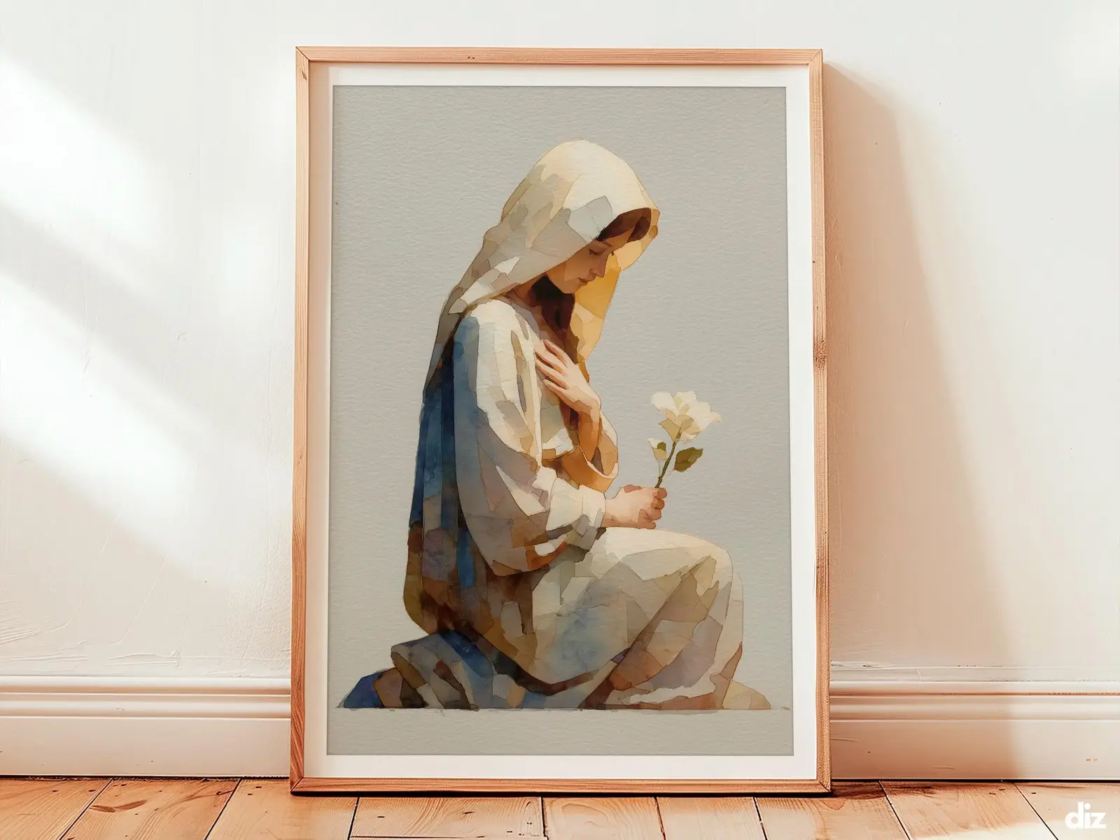 Mary, Mother of God Art Print: White Lily and Warm Light, Modern Christian Decor (Digital Download)