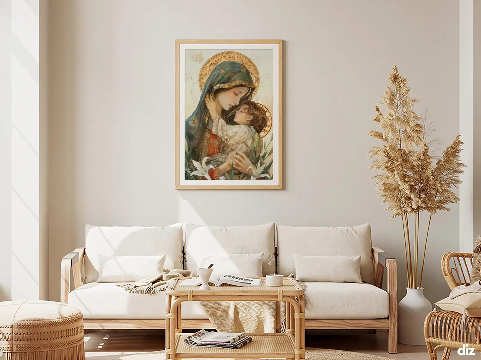 Framed Sacred Heart of Jesus above bed, bedroom sanctuary offering mercy and trust, jesus wall art artwork of jesus