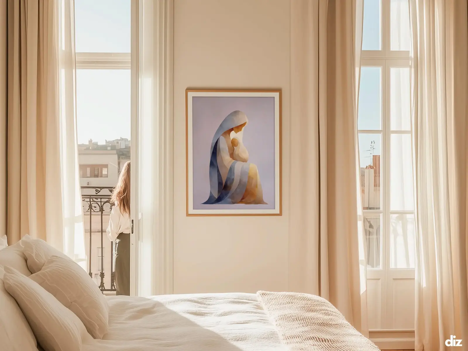 Sacred Heart of Jesus framed above sofa, living room display blending peace and devotion, bible wall art catholic wall art