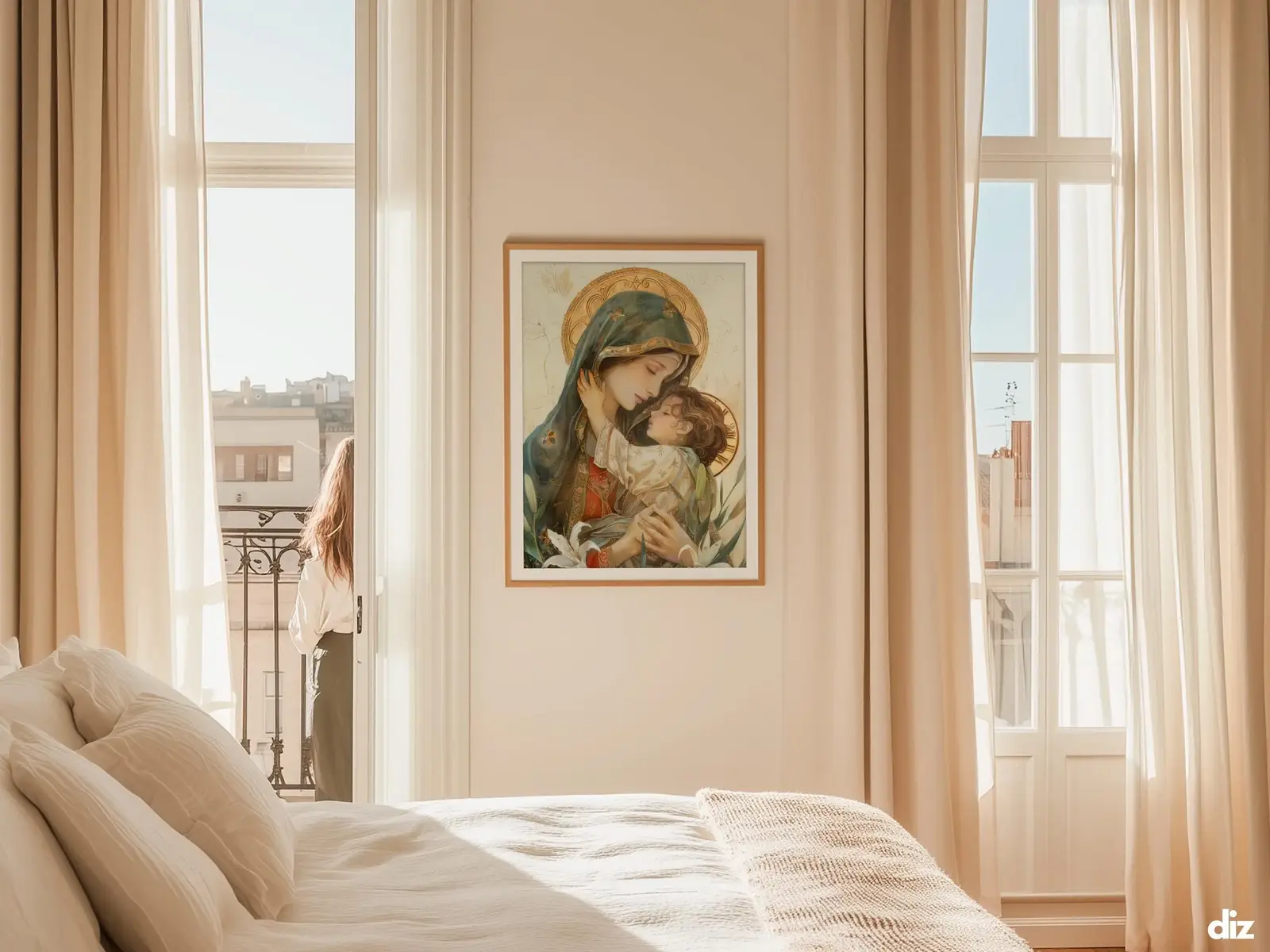 Sacred Heart of Jesus framed above sofa, living room display blending peace and devotion, bible wall art catholic wall art