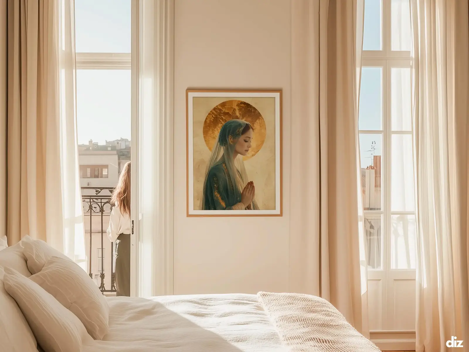 Sacred Heart of Jesus framed above sofa, living room display blending peace and devotion, bible wall art catholic wall art