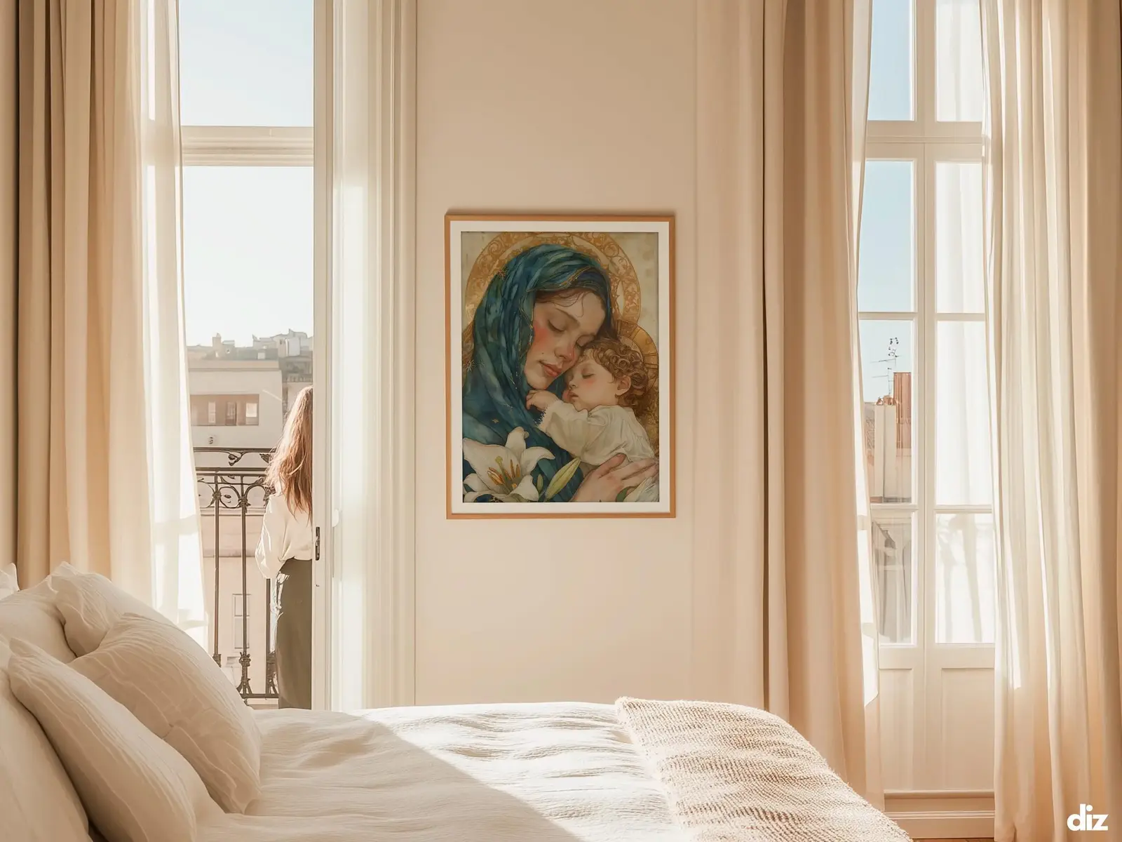 Sacred Heart of Jesus framed above sofa, living room display blending peace and devotion, bible wall art catholic wall art