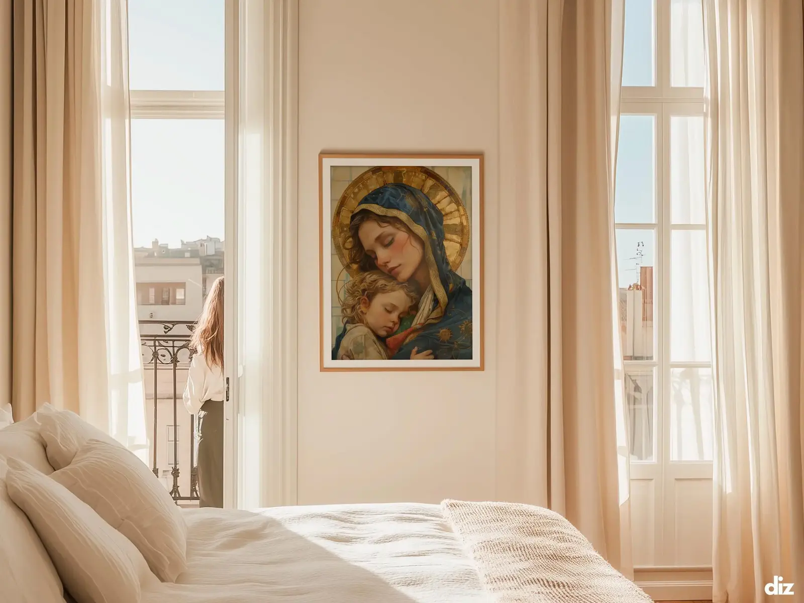 Sacred Heart of Jesus framed above sofa, living room display blending peace and devotion, bible wall art catholic wall art