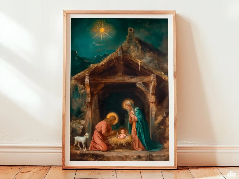 Framed Nativity Scene watercolor showing Holy Family with radiant Child, subdued beams and golden Star Of Bethlehem, religious art