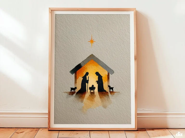 Framed minimalist nativity scene print with star above, Christian wall art evoking humility and quiet wonder.