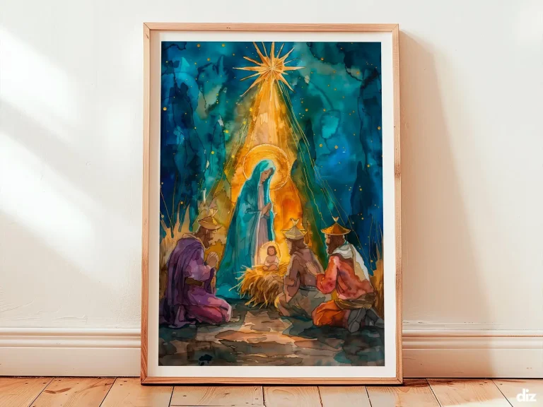 Framed nativity scene watercolor of the Holy Family, Mary and Child centered, devotional christian wall art