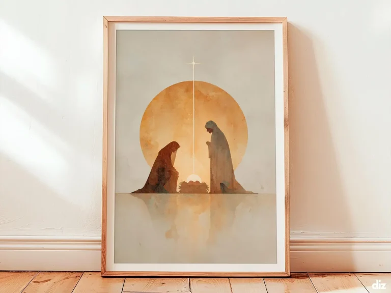 Framed nativity scene print with minimalist Holy Family silhouettes, calm christian wall art and religious art