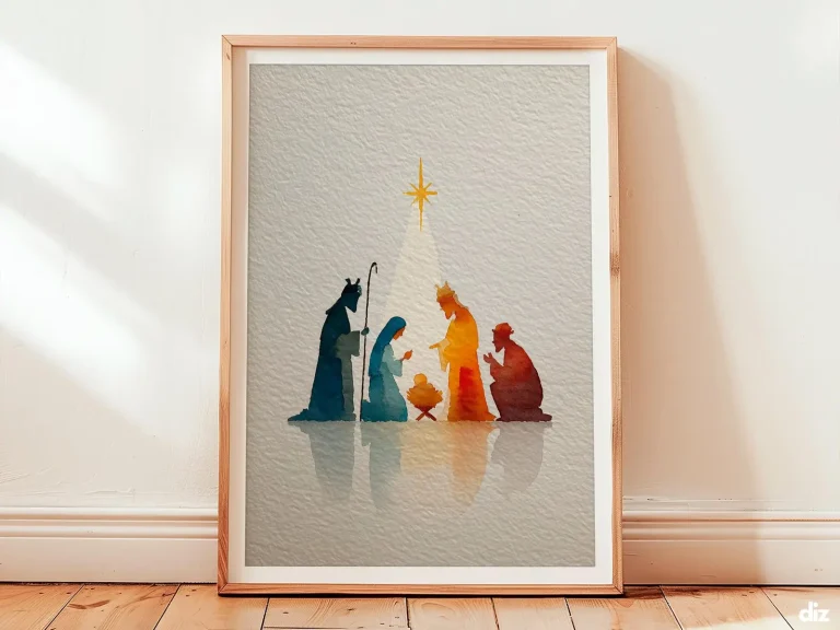 Framed nativity scene minimalist print with Mary and Child and three Magi, Christian Wall Art, Nativity Scene