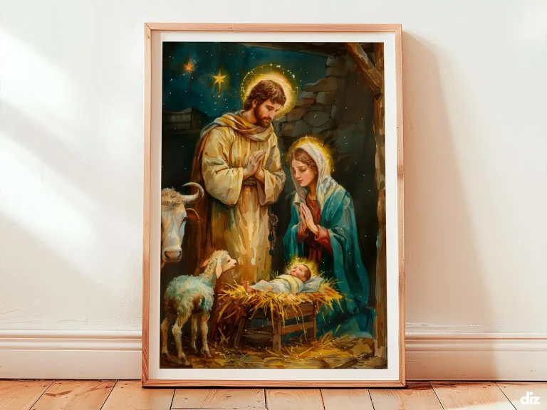 Framed nativity scene watercolor art print showing the holy family in luminous manger, religious artwork for holy night