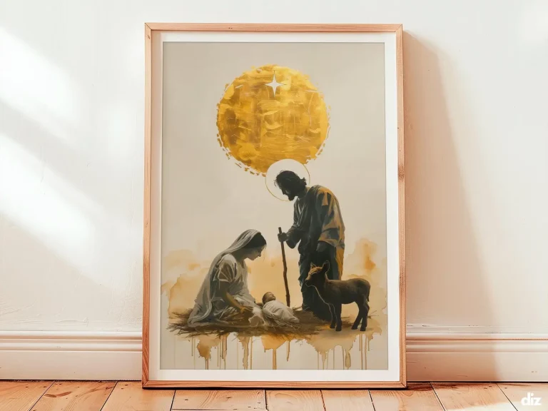 Framed nativity scene watercolor print with minimalist silhouettes and star of bethlehem, calming catholic wall art for homes