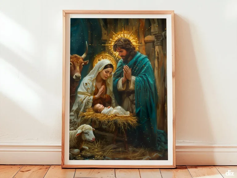 Framed nativity scene watercolor of the Holy Family in a humble manger, christian wall art for prayer room decor