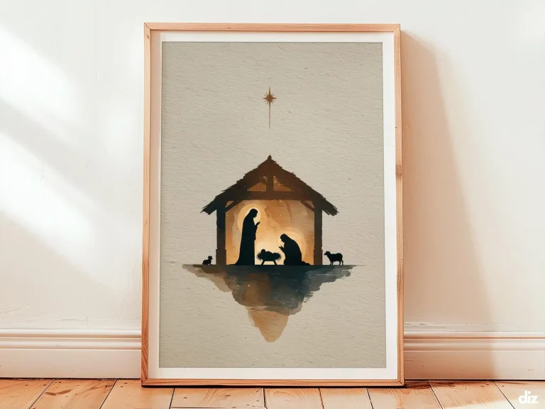 Framed nativity scene watercolor print with minimalist silhouettes, holy family devotion as religious art for church decor