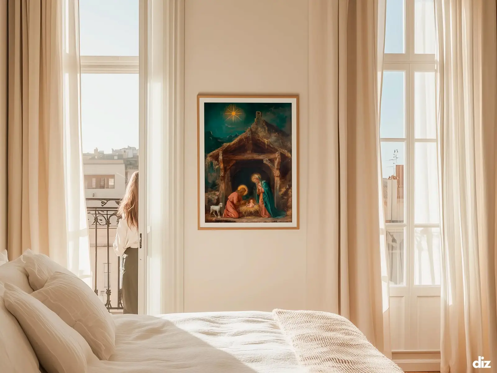 Sacred Heart of Jesus framed above sofa, living room display blending peace and devotion, bible wall art catholic wall art