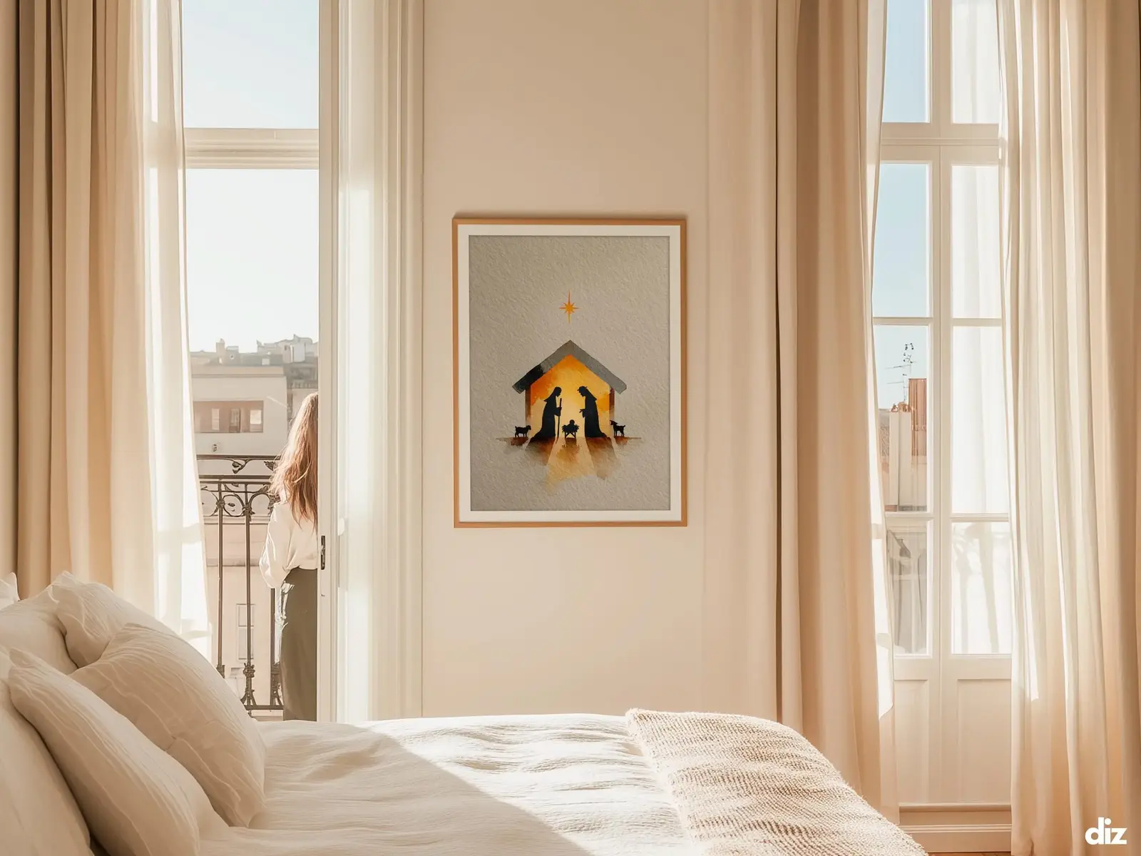 Sacred Heart of Jesus framed above sofa, living room display blending peace and devotion, bible wall art catholic wall art