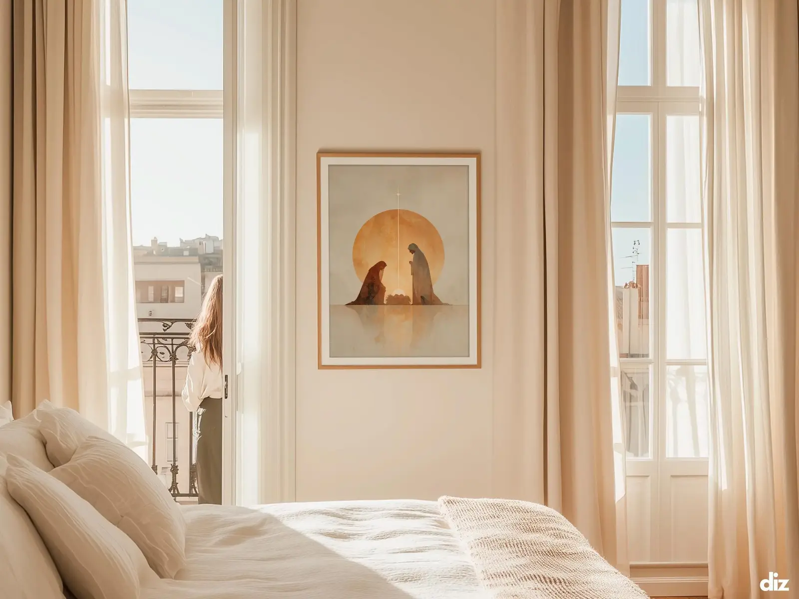 Sacred Heart of Jesus framed above sofa, living room display blending peace and devotion, bible wall art catholic wall art