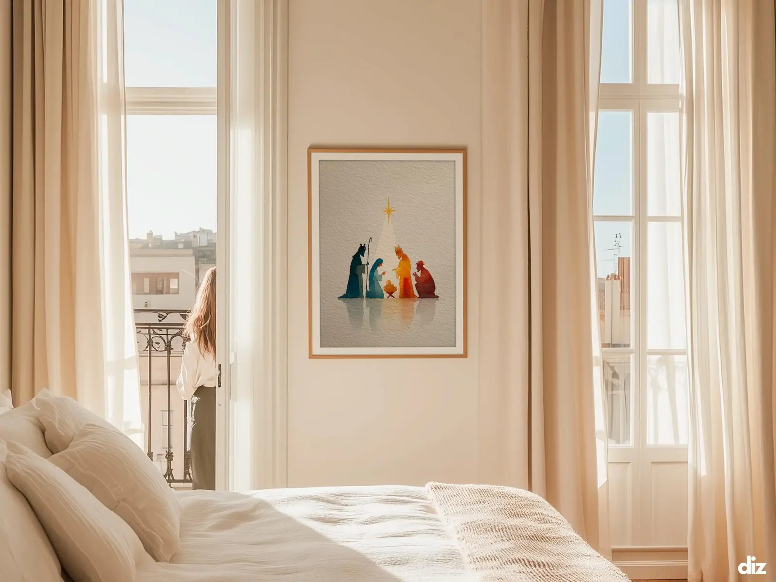 Sacred Heart of Jesus framed above sofa, living room display blending peace and devotion, bible wall art catholic wall art