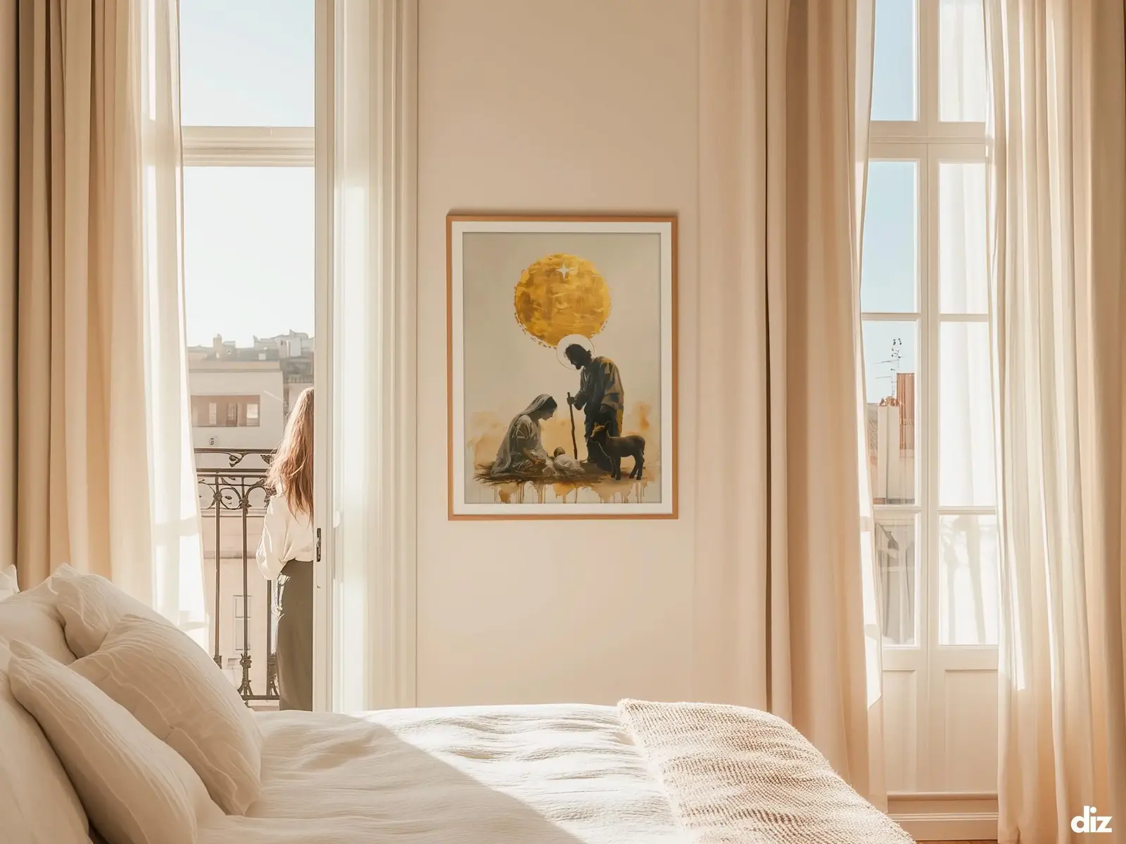 Sacred Heart of Jesus framed above sofa, living room display blending peace and devotion, bible wall art catholic wall art