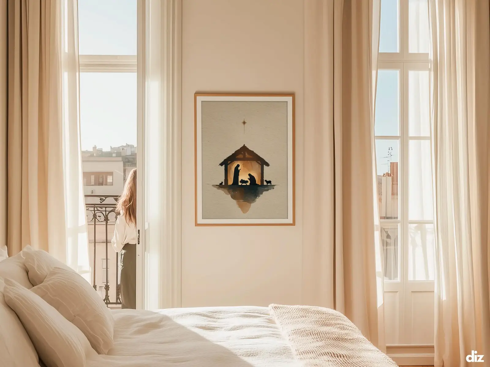 Sacred Heart of Jesus framed above sofa, living room display blending peace and devotion, bible wall art catholic wall art