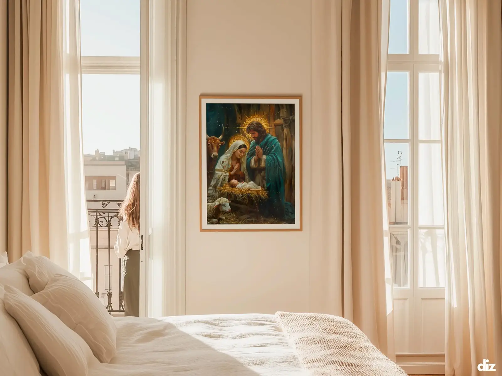 Sacred Heart of Jesus framed above sofa, living room display blending peace and devotion, bible wall art catholic wall art