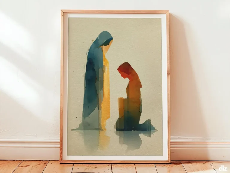 Our Lady of Lourdes Art Print: Minimal Watercolor, Golden Beam, Modern Christian Decor (Digital Download)