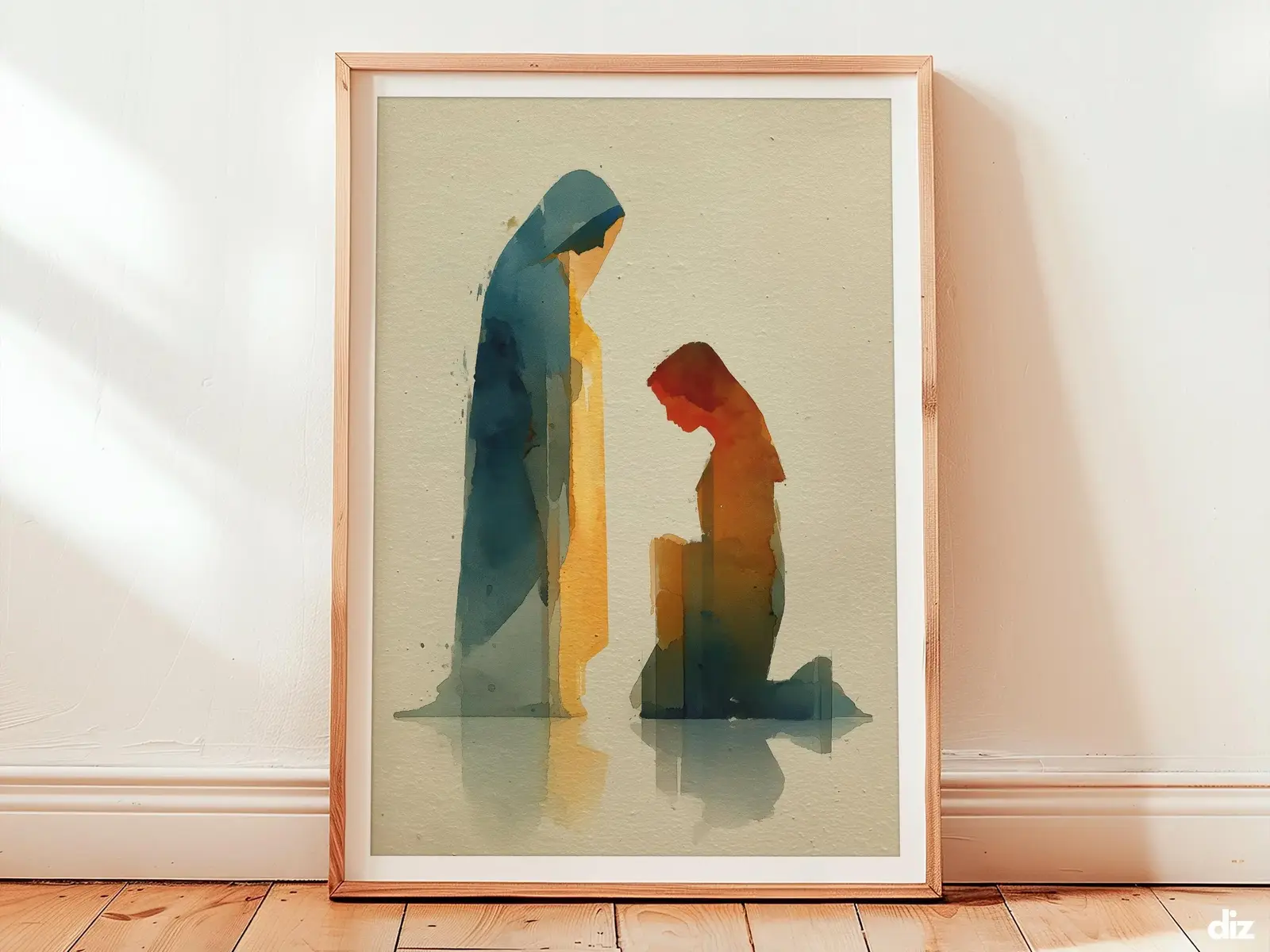 Our Lady of Lourdes Art Print: Minimal Watercolor, Golden Beam, Modern Christian Decor (Digital Download)
