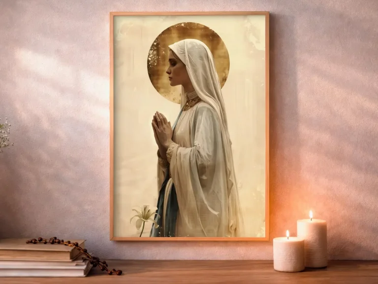 Our Lady of Lourdes Art Print: Golden Halo and White Lily, Modern Christian Decor (Digital Download)