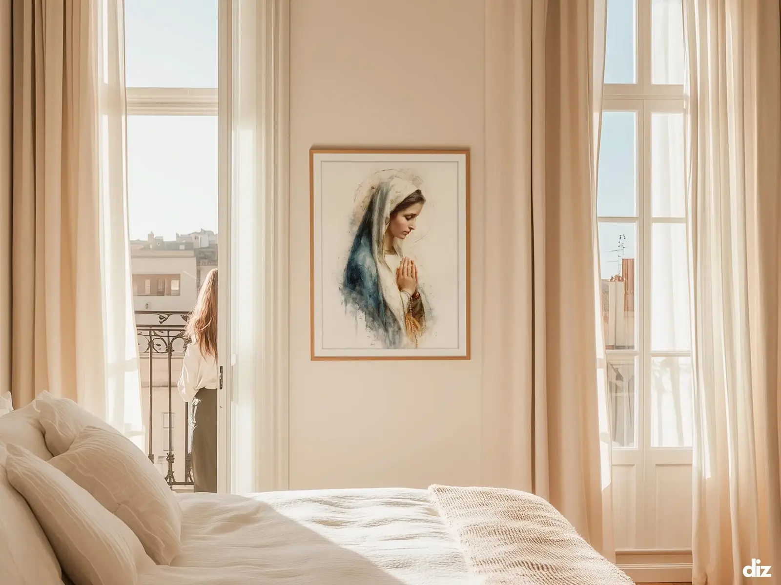 Sacred Heart of Jesus framed above sofa, living room display blending peace and devotion, bible wall art catholic wall art