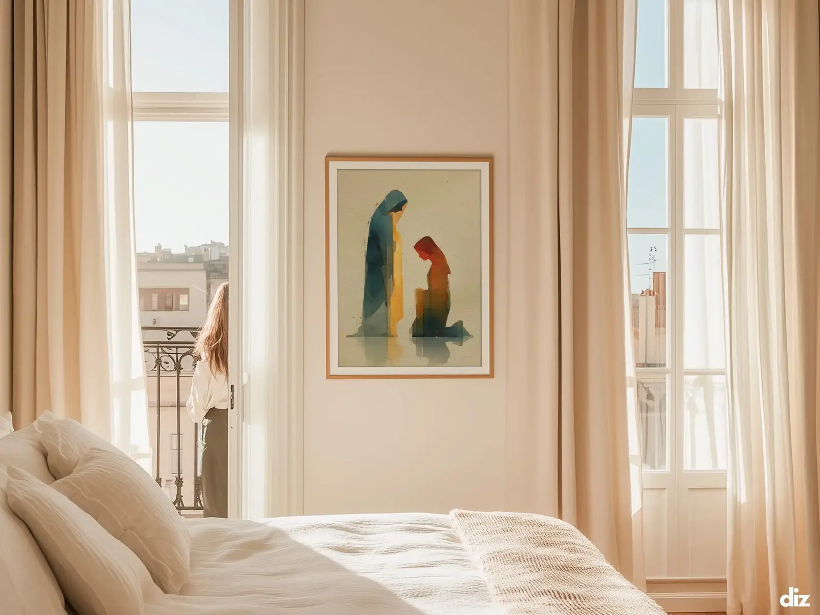 Sacred Heart of Jesus framed above sofa, living room display blending peace and devotion, bible wall art catholic wall art